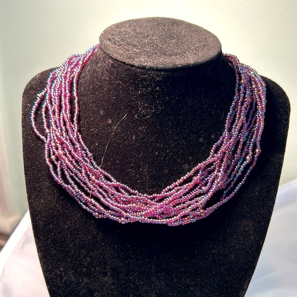Iridescent purple seed bead 12-strand choker - handmade statement piece